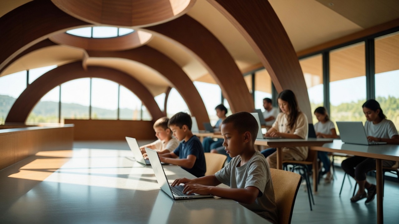 Kids collaborating on laptops at a hackathon